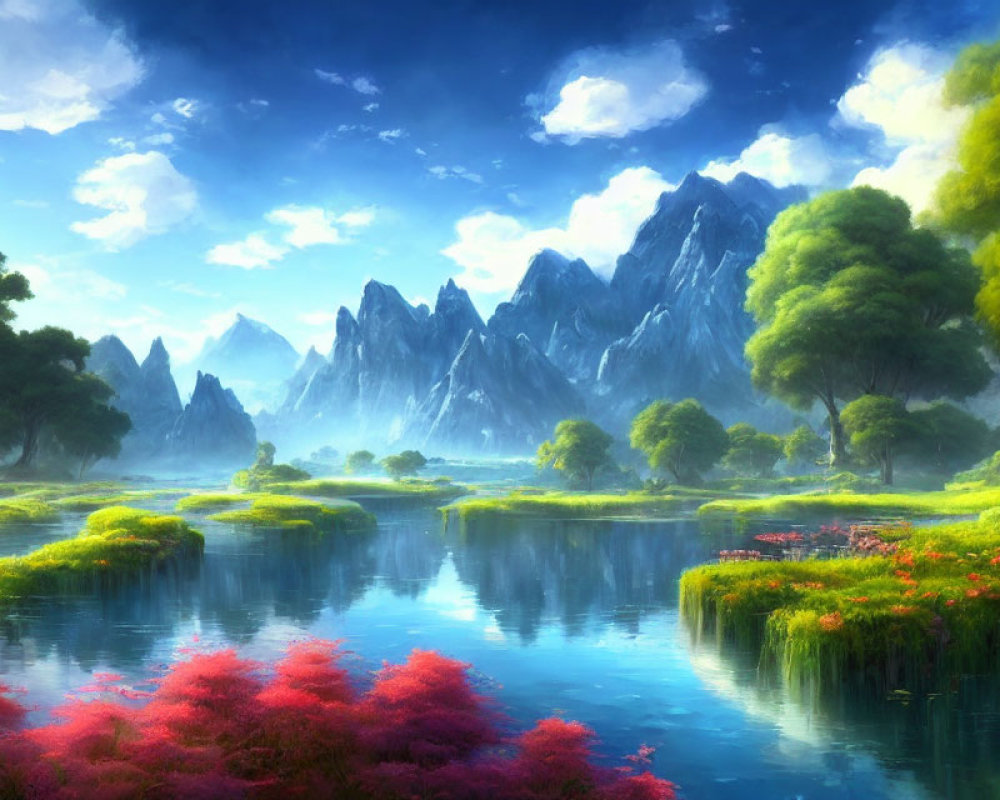 Serene fantasy landscape with lush greenery, vibrant flora, blue river, misty mountains