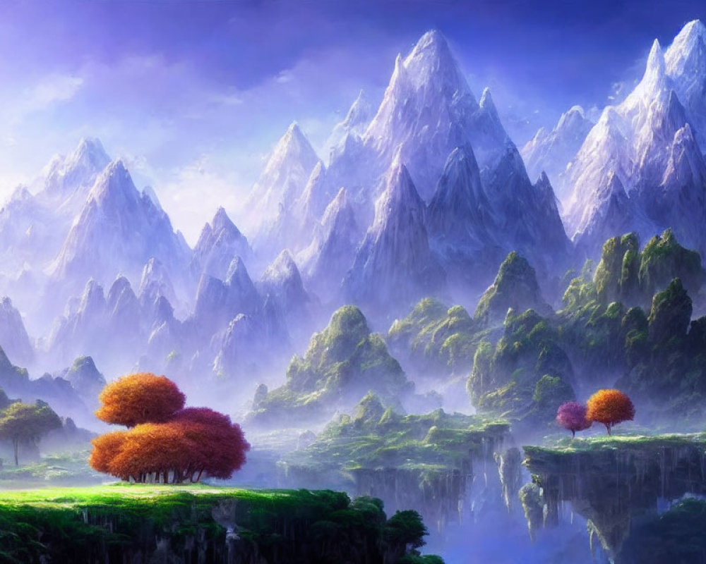 Majestic mist-covered mountains in serene fantasy landscape