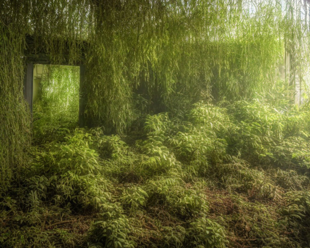 Lush Greenery Overgrown Room with Sunlight Filtered Through Foliage