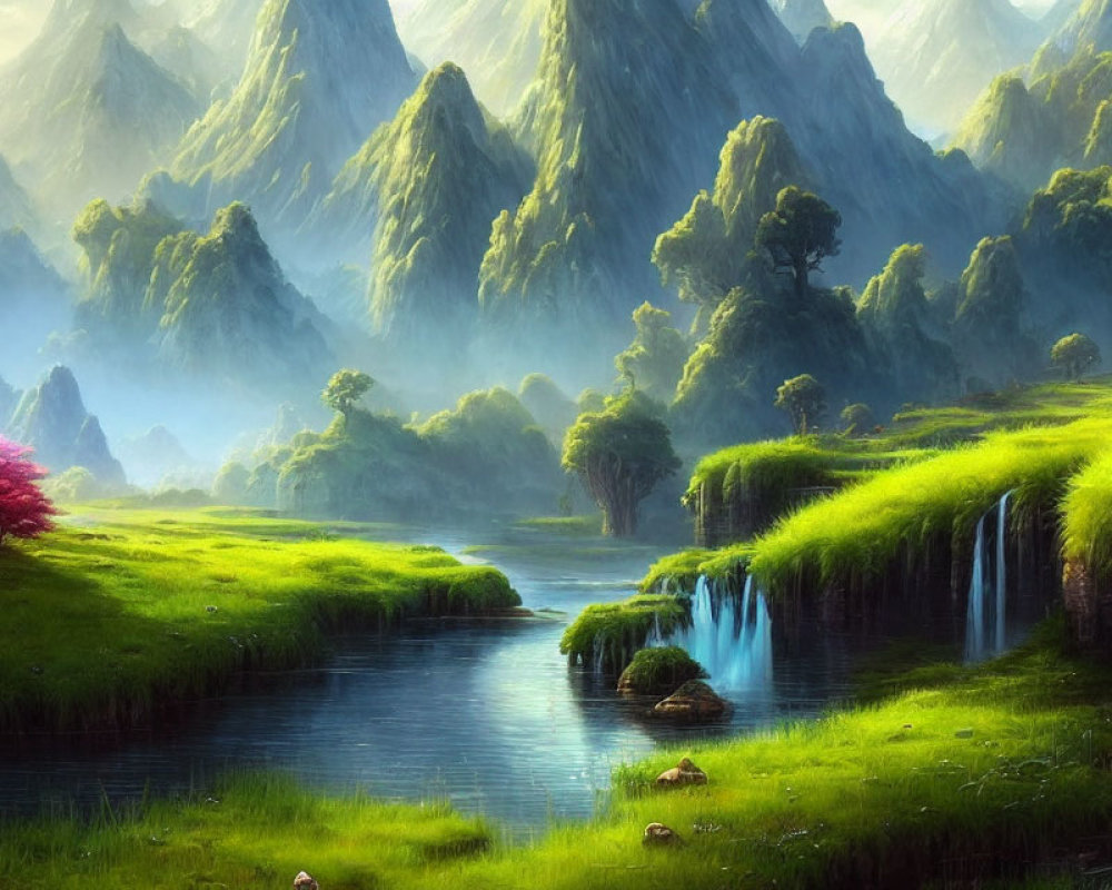 Colorful fantasy landscape with pink tree, waterfalls, river, and mountains