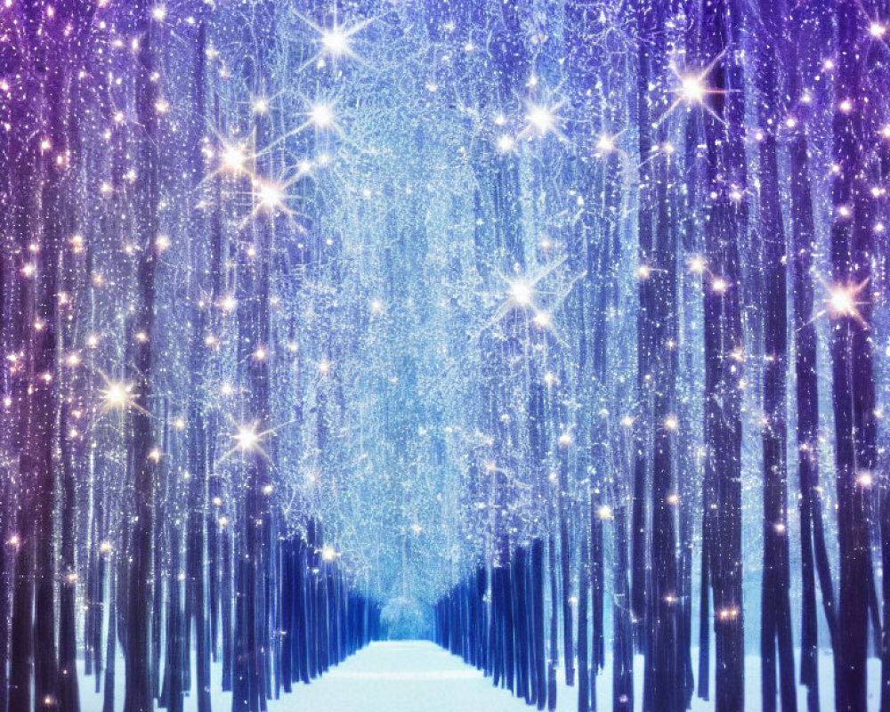 Enchanting Snowy Forest with Sparkling Star-Like Lights