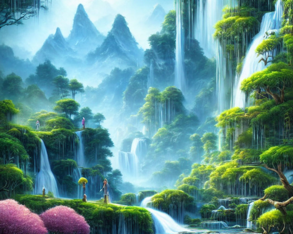 Serene fantasy landscape with waterfalls, greenery, mountains, and pink trees