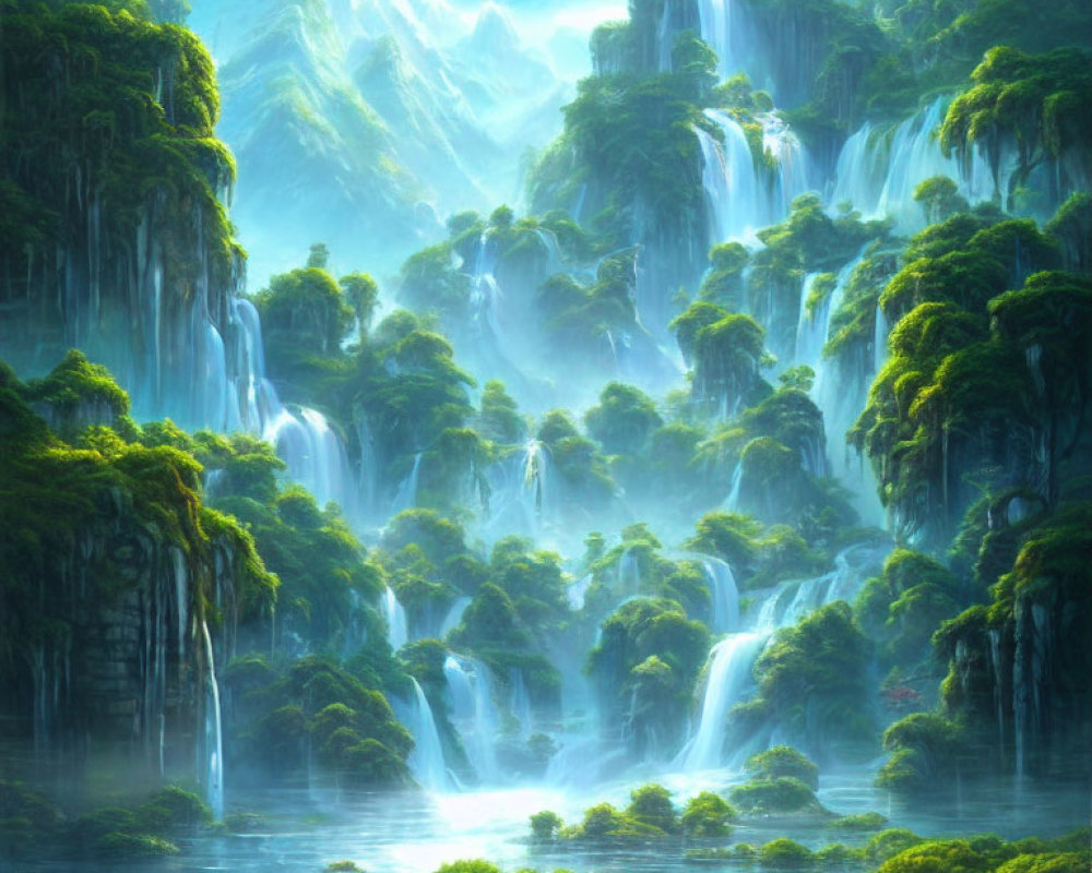 Fantasy landscape with lush greenery, waterfalls, and serene lake