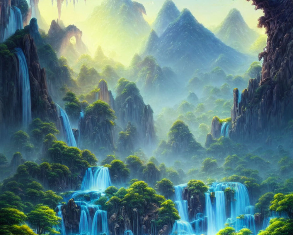 Tranquil landscape with waterfalls, greenery, mountains, and turquoise river