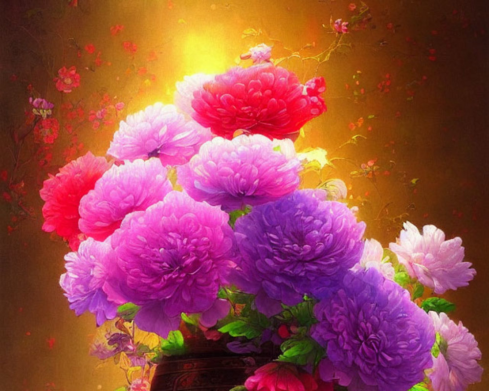 Colorful Pink and Purple Peonies in Dark Vase on Golden Background