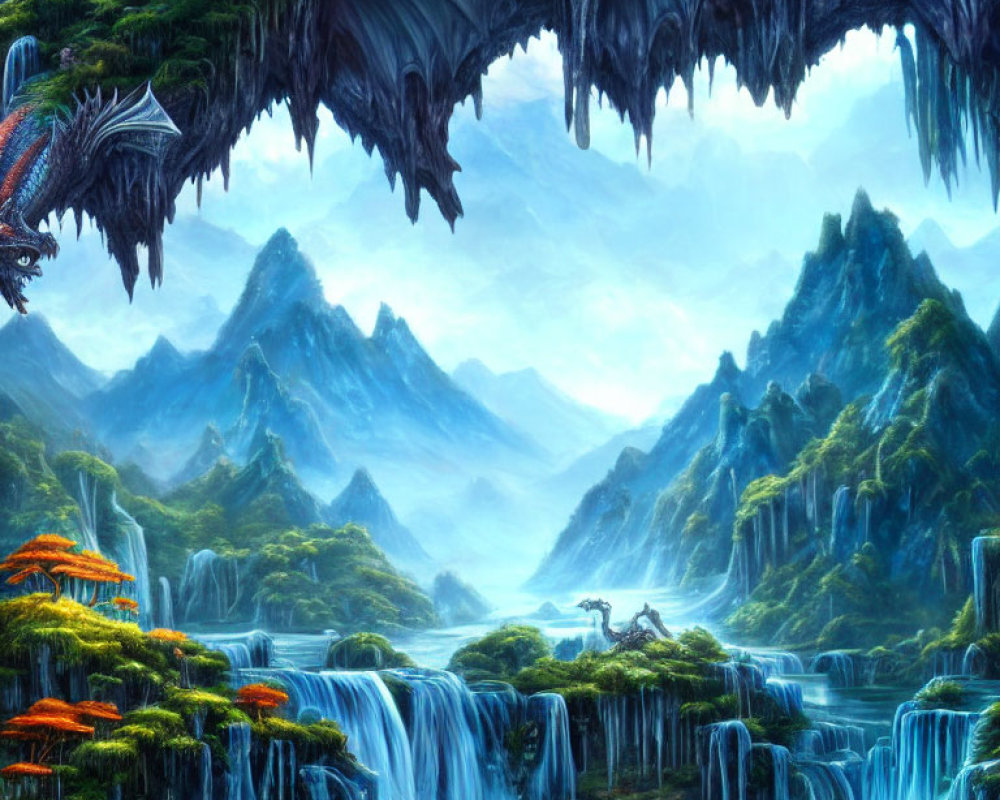 Fantasy landscape with waterfalls, dragon, knight, and cave ceiling