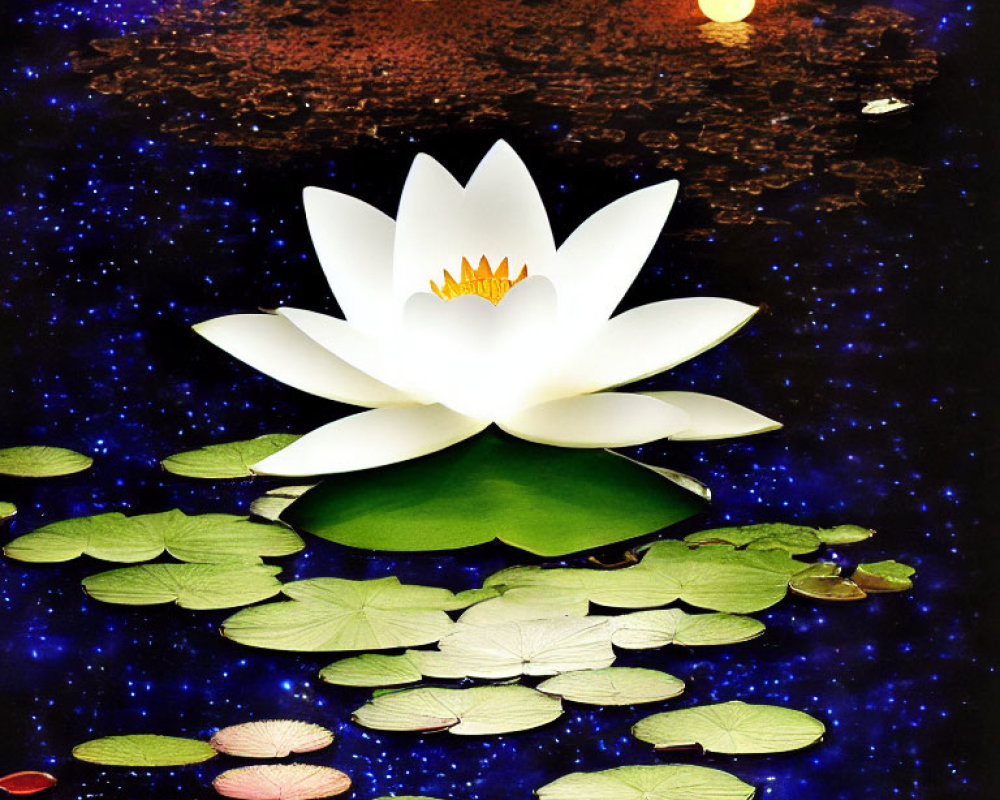 Digital collage of white lotus flower on starry water surface