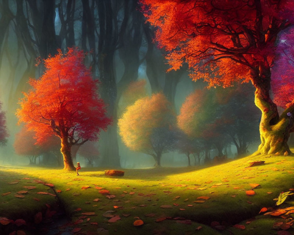 Vibrant red and purple mystical forest with solitary figure by wooden bench