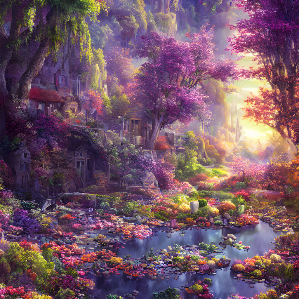 Enchanted forest with colorful foliage, cottages, and serene pond at sunrise