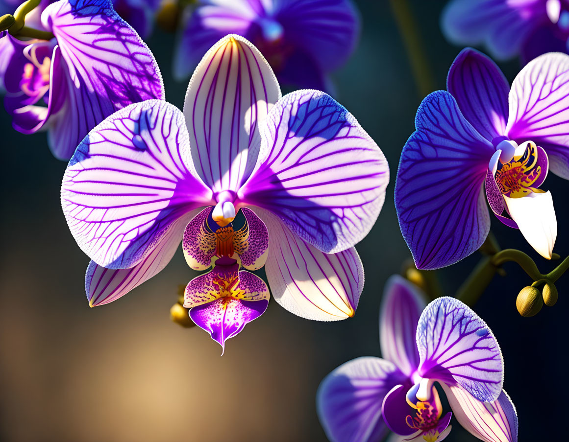 Exquisite purple orchids with intricate patterns in soft natural light