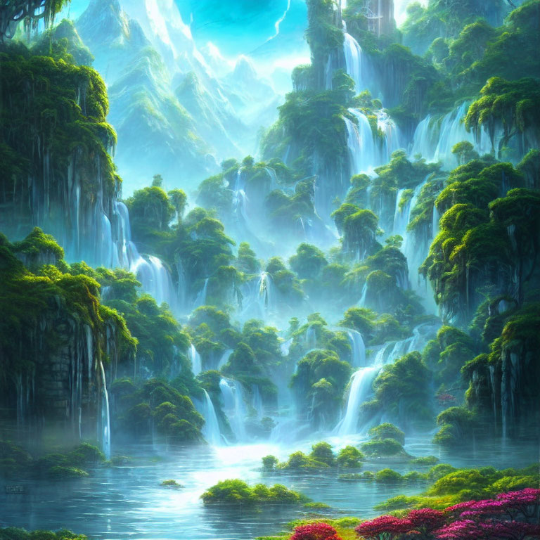 Fantasy landscape with lush greenery, waterfalls, and serene lake