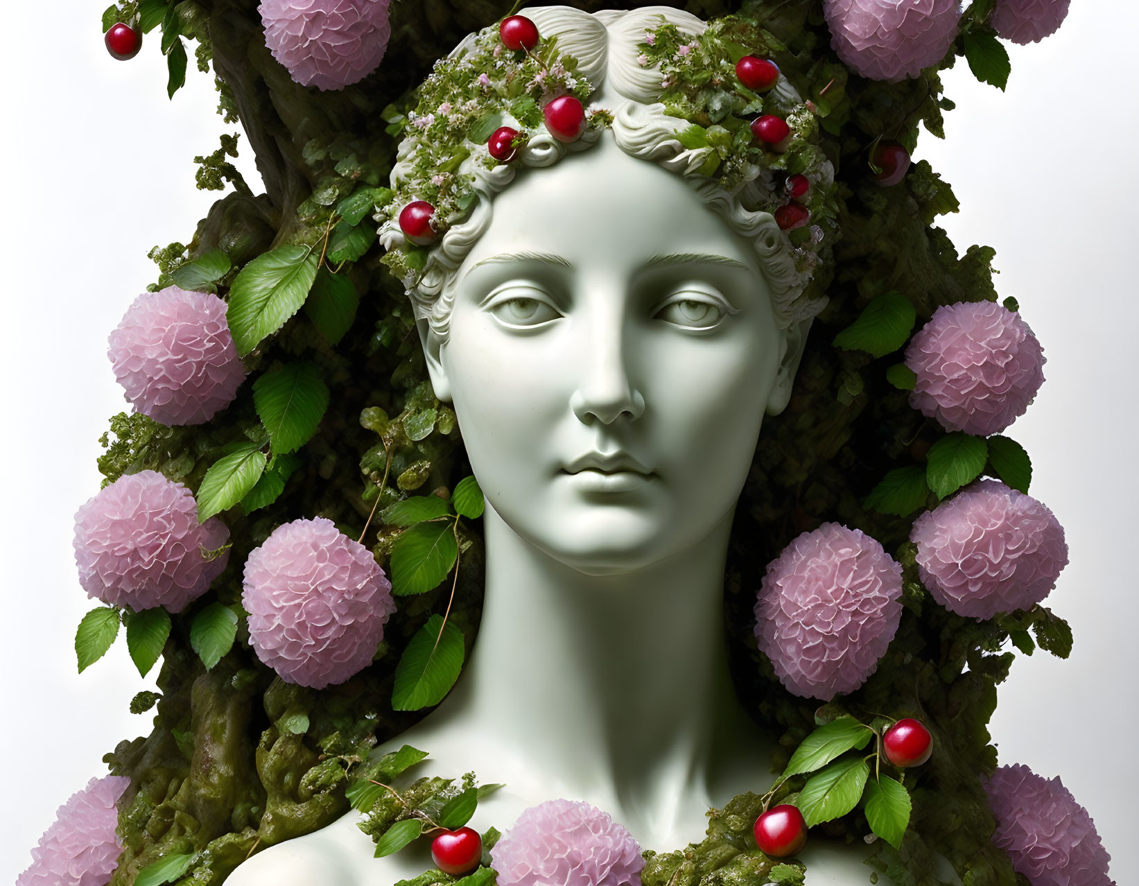 Classical bust with green foliage headdress on white background