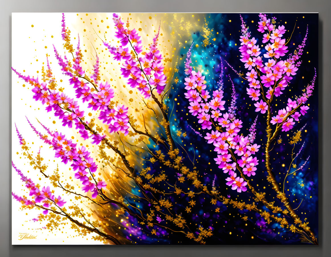 Vibrant digital painting of pink flowers against cosmic blue and gold background