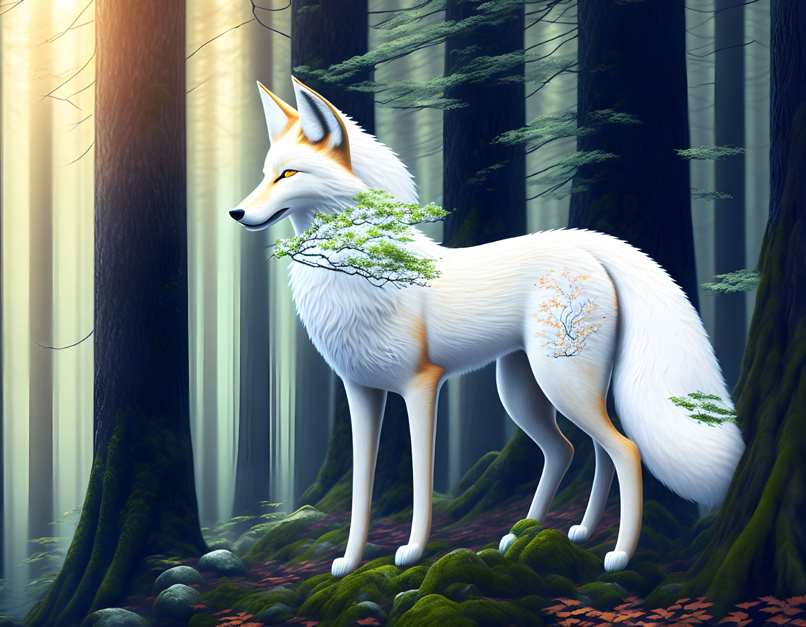 White Fox with Tree-Like Fur in Misty Forest with Sunbeams