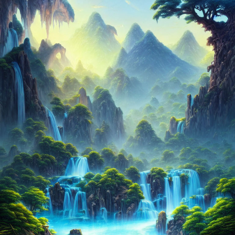 Tranquil landscape with waterfalls, greenery, mountains, and turquoise river