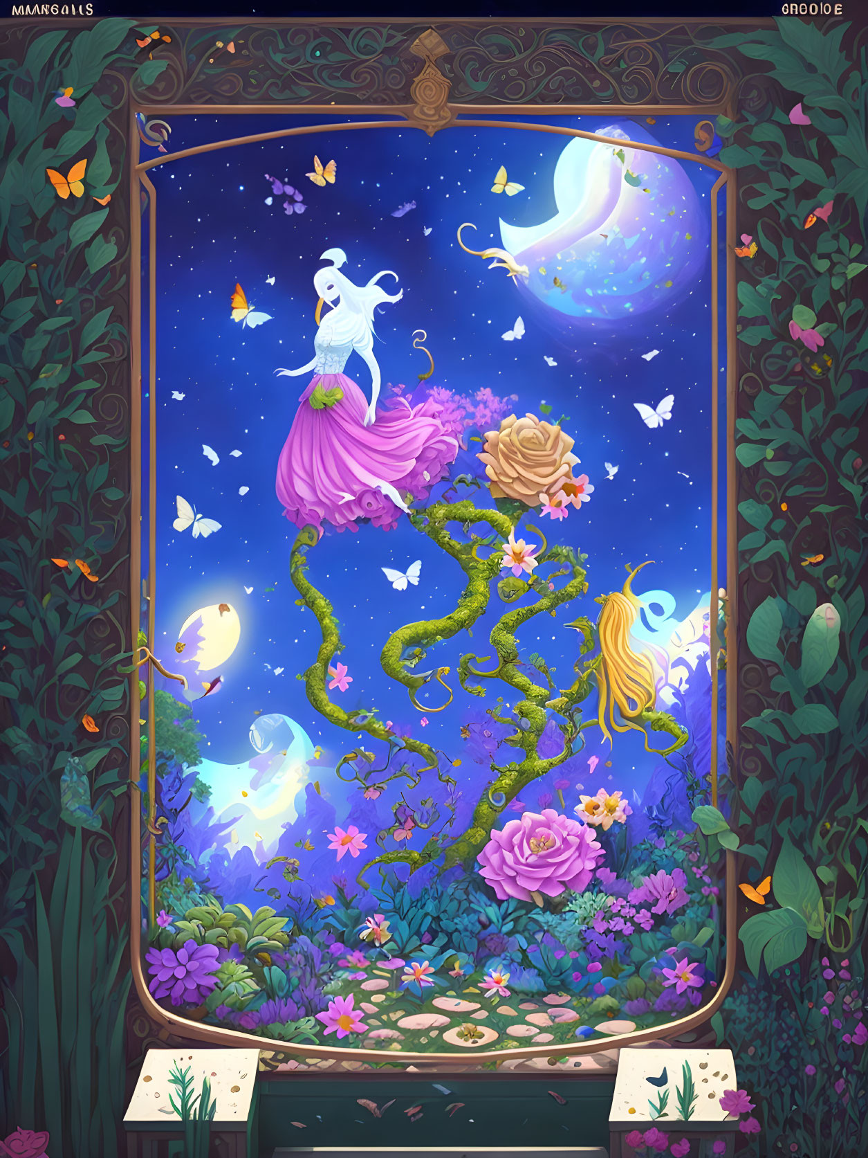 Illustration: Woman on magical beanstalk with butterflies, flowers, lanterns, crescent moon.