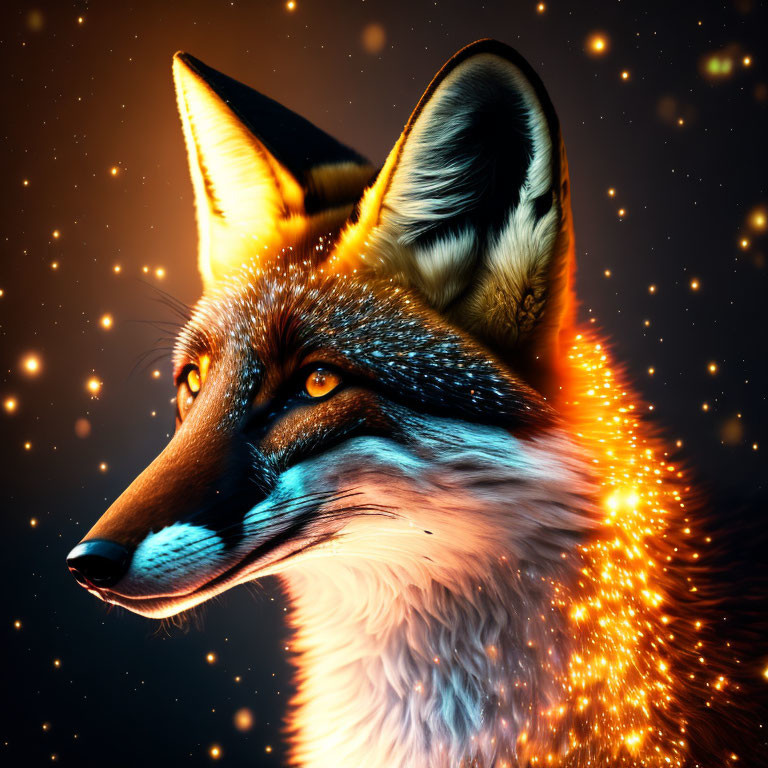 Detailed Digital Art: Glowing Fox on Starry Background