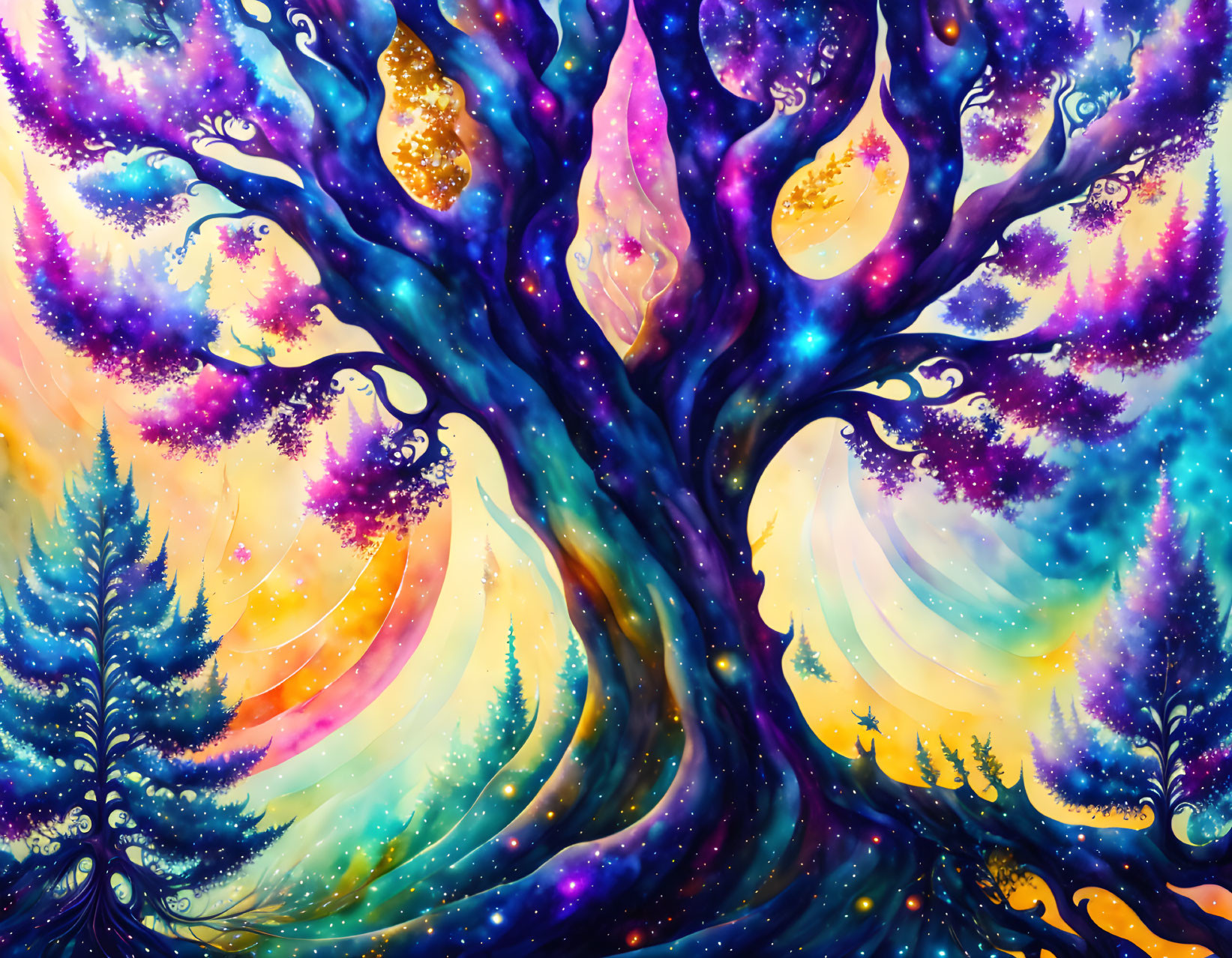 Colorful cosmic tree against nebulous sky and smaller trees