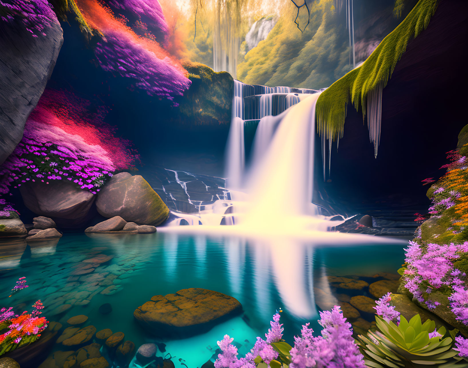 Scenic waterfall with colorful foliage and rocks