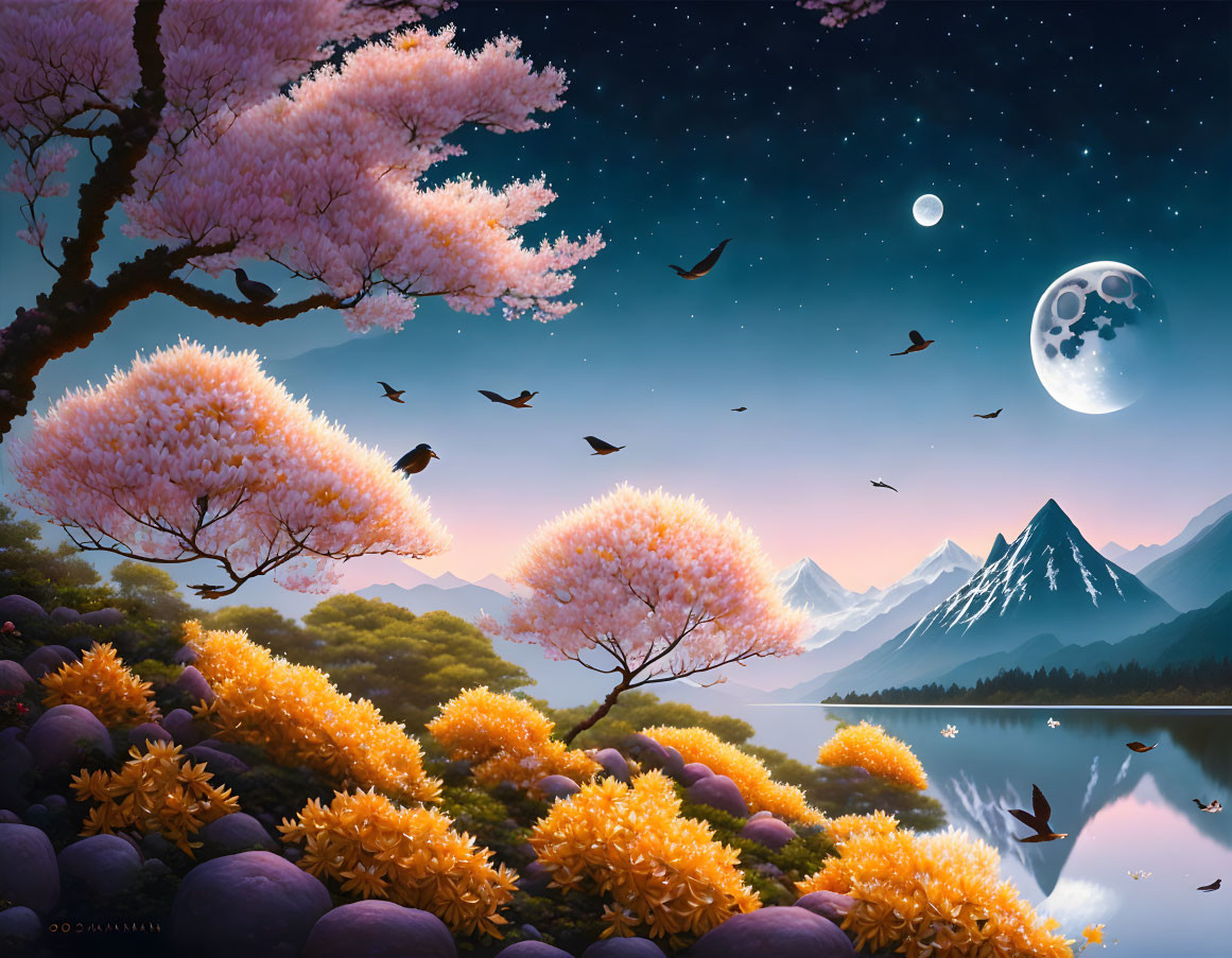 Fantastical landscape with cherry blossoms, mountains, starry night sky, crescent moon,