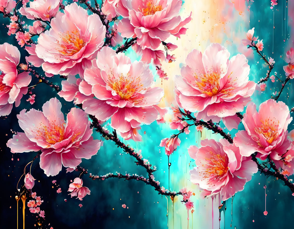 Colorful digital artwork of pink flowers on branches against a blue background