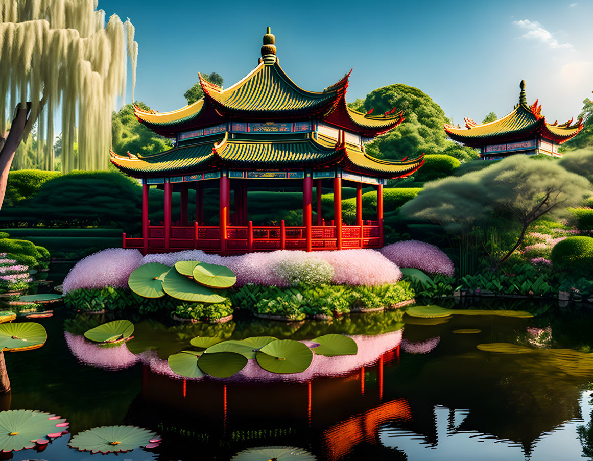 Traditional Asian pagodas in lush greenery and serene pond with lily pads.