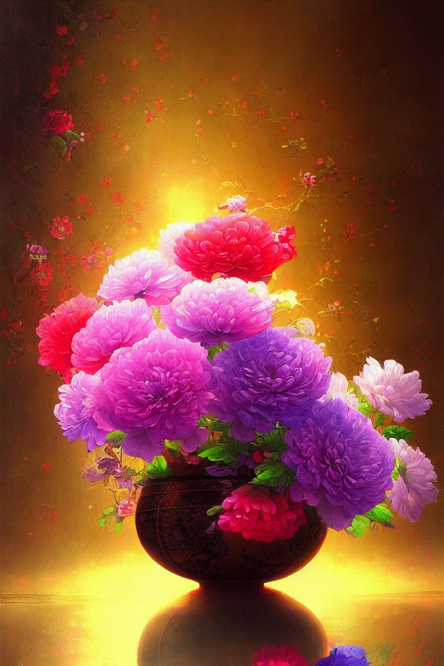 Colorful Pink and Purple Peonies in Dark Vase on Golden Background