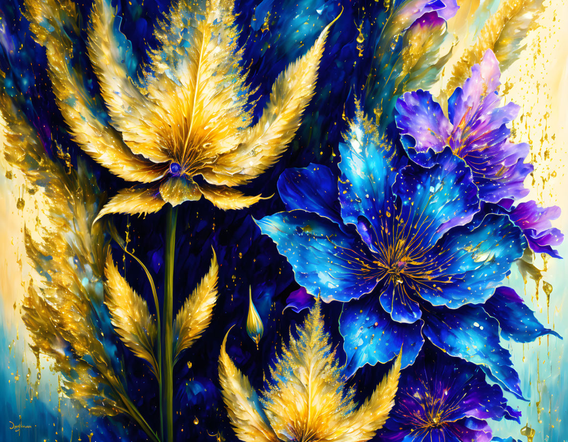 Colorful Stylized Blue and Gold Flower Artwork with Dynamic Brush Strokes