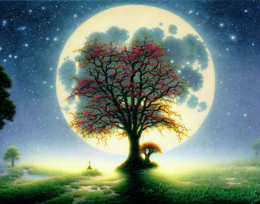 Vibrant red-pink tree under full moon with figure and misty background