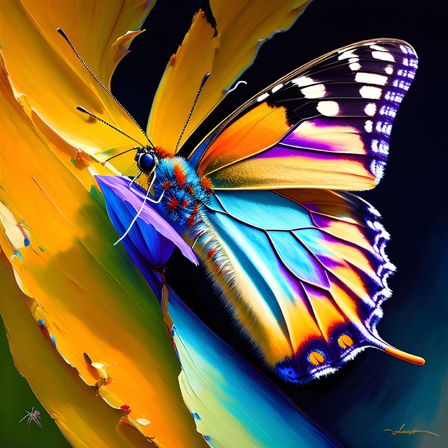 Colorful Butterfly Artwork on Yellow Flower against Dark Background