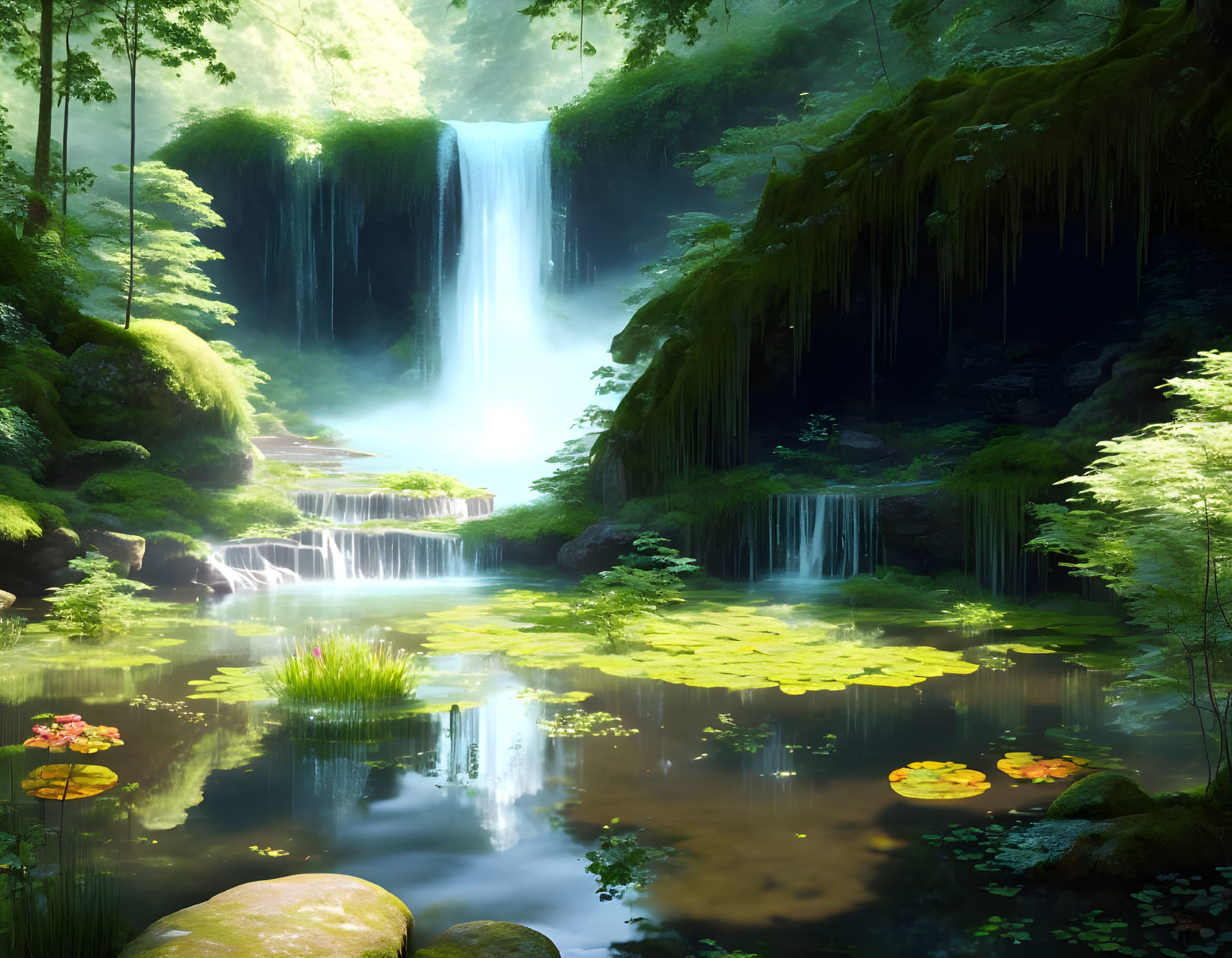 Serene forest waterfall with sunbeams, greenery, lily pads, and reflective pond