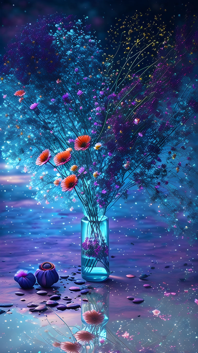 Colorful digital artwork: Glowing flowers in vase on reflective surface