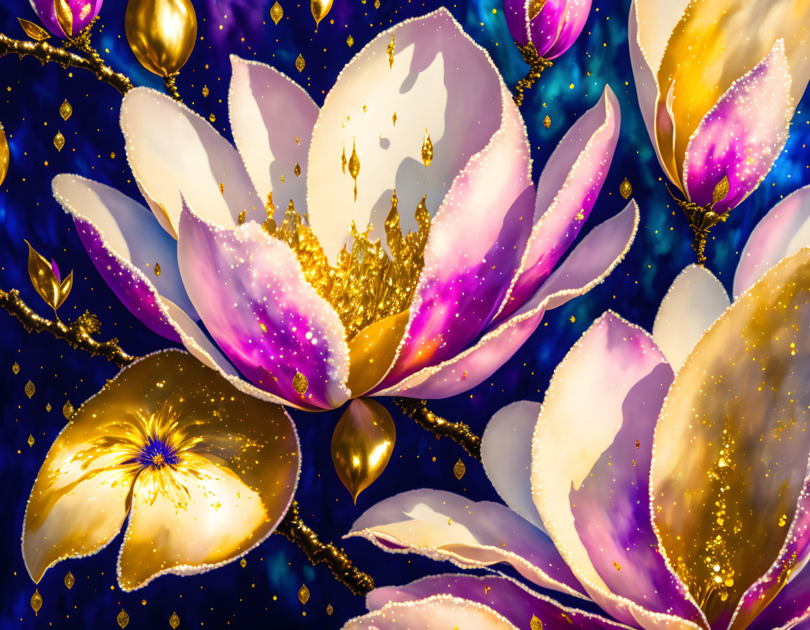 Colorful digital artwork featuring golden-edged lotus flowers on dark blue background