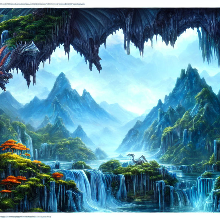 Fantasy landscape with waterfalls, dragon, knight, and cave ceiling