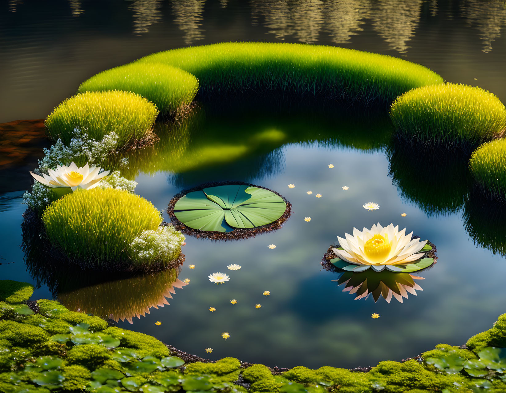 Tranquil pond scene with lotus leaves, water lilies, and moss