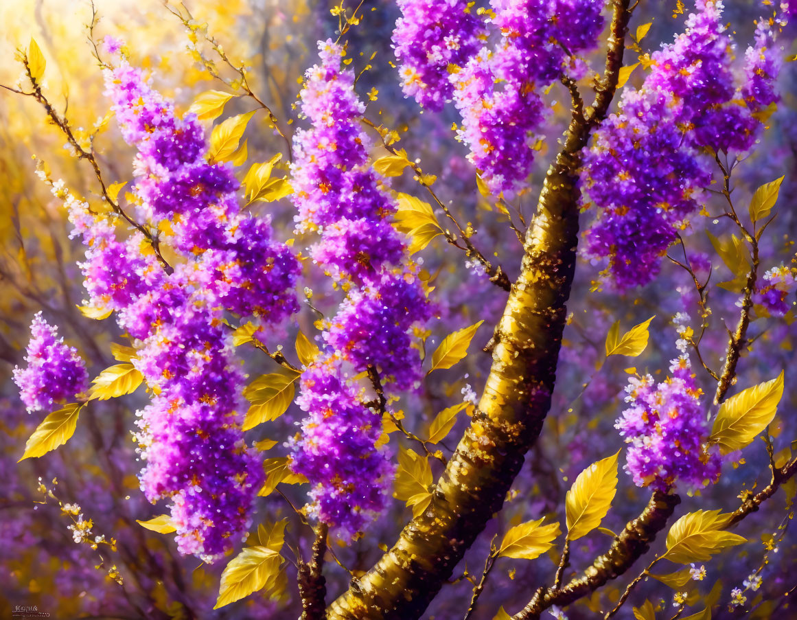 Purple flowering blossoms on tree branches under golden sunlight