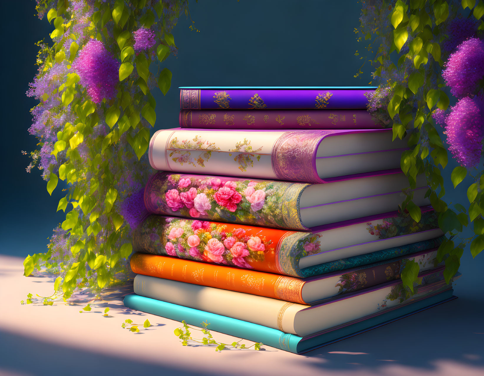 Colorful Floral Design Books Surrounded by Wisteria Vines on Teal Background