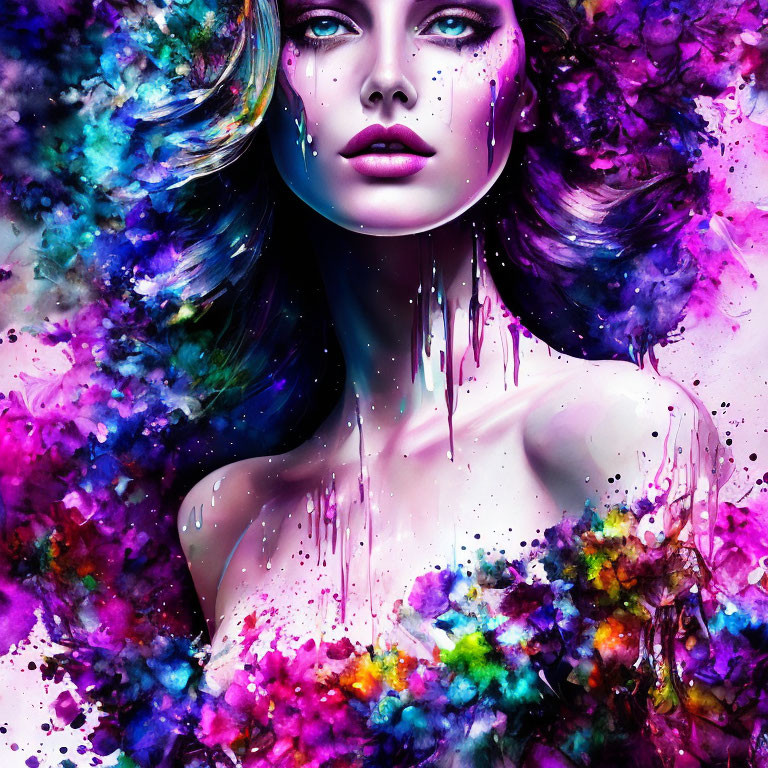 Colorful woman portrait with paint-like textures on purple background