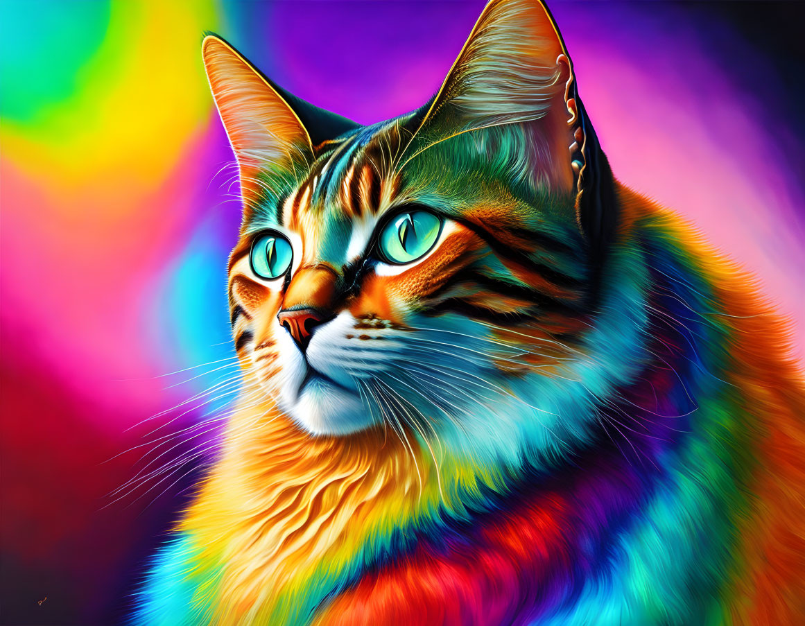 Colorful digital artwork: Cat with blue eyes and multicolored fur on abstract background