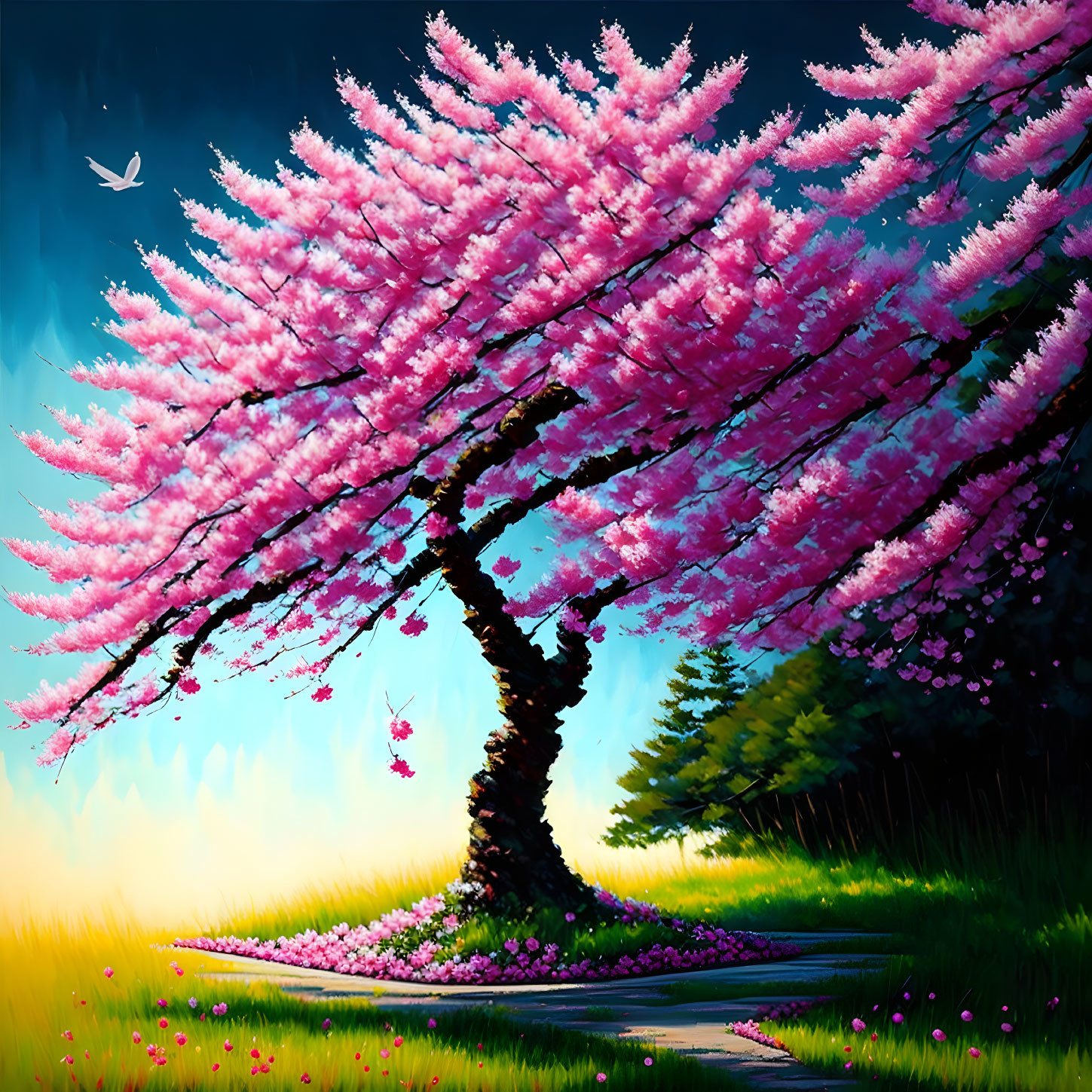 Cherry Blossom Tree with Pink Petals, Winding Path, Bird, Blue Sky at D