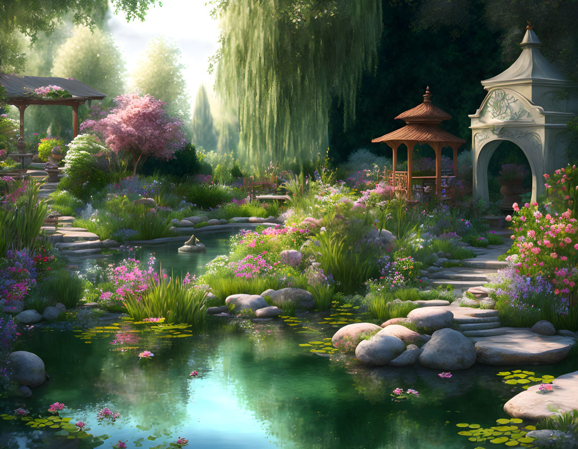 Tranquil garden with pond, flowers, gazebos