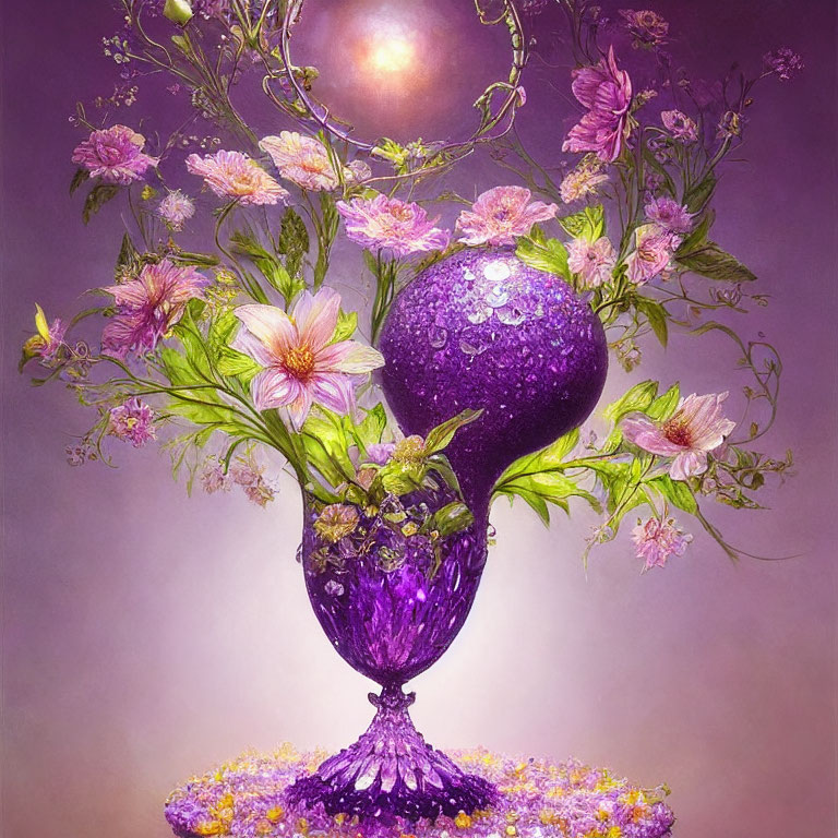 Colorful purple vase with iridescent drops, pink flowers, and mystical background