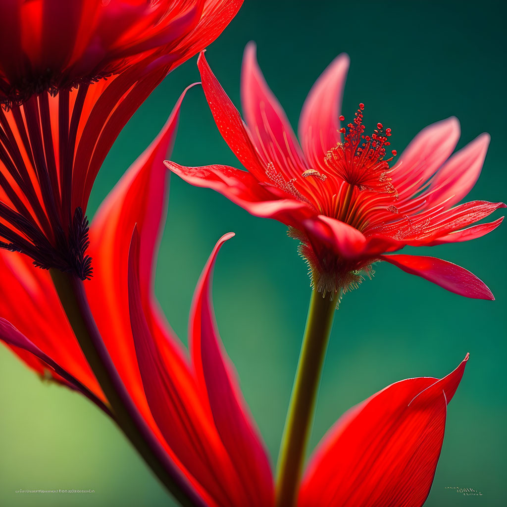 Vibrant red flowers with detailed stamens and petals on soft green backdrop