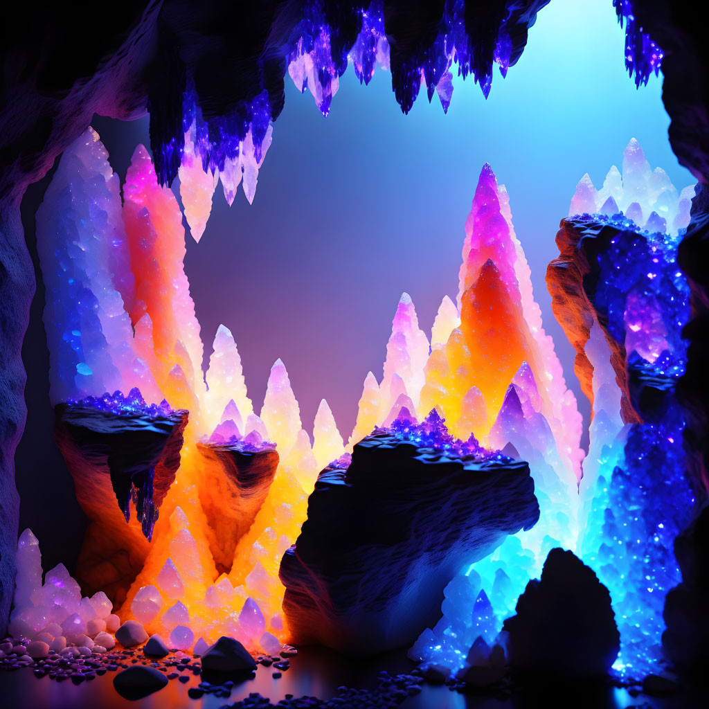 Colorful Crystal Cave with Purple, Orange, and Blue Crystals