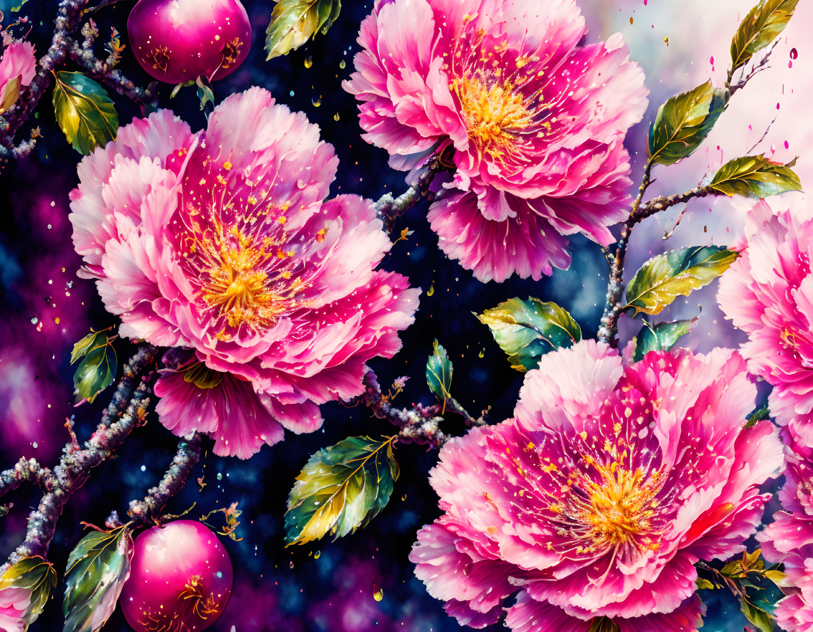 Pink Peonies with Golden Centers and Purple Orbs on Starry Background