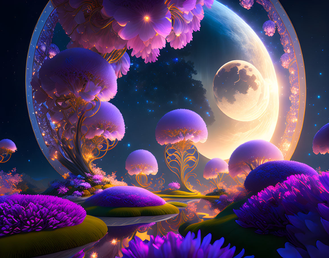 Fantastical landscape with glowing mushroom trees under starry sky