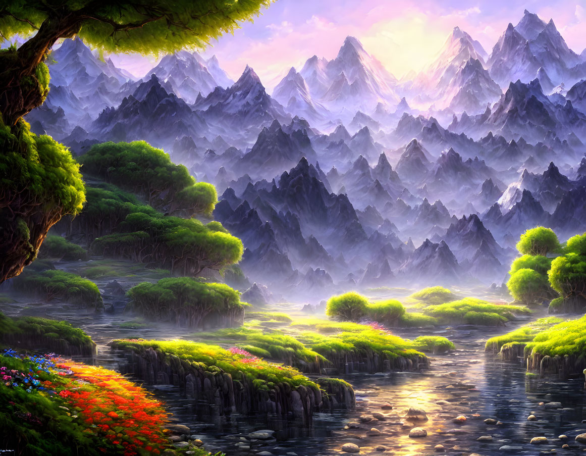 Tranquil landscape with greenery, flowers, river, and misty mountains