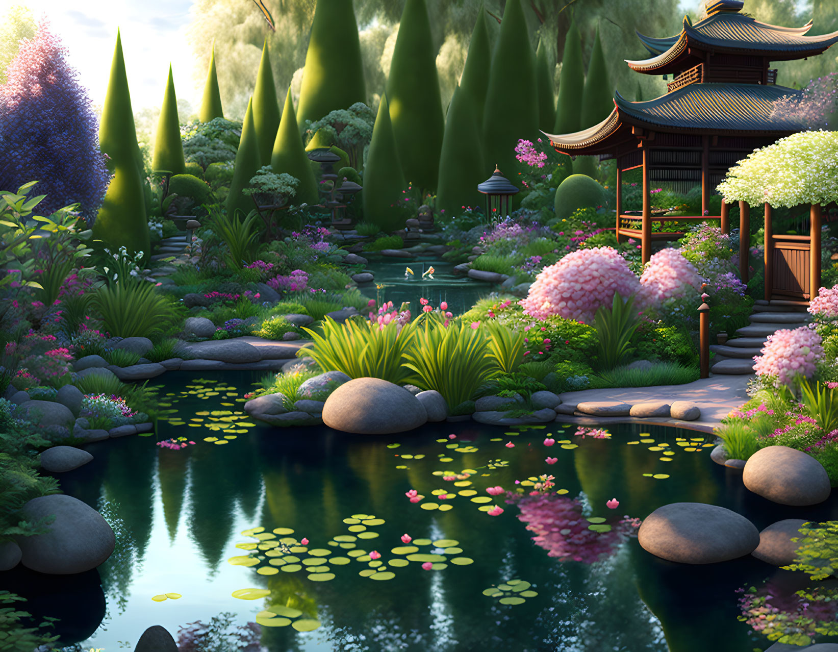 Tranquil Japanese garden with pond, pavilion, and lush flora