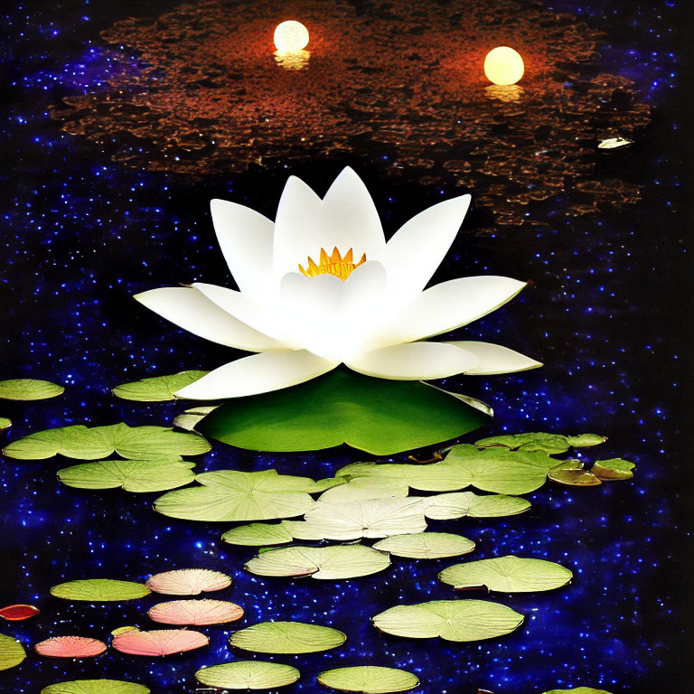 Digital collage of white lotus flower on starry water surface