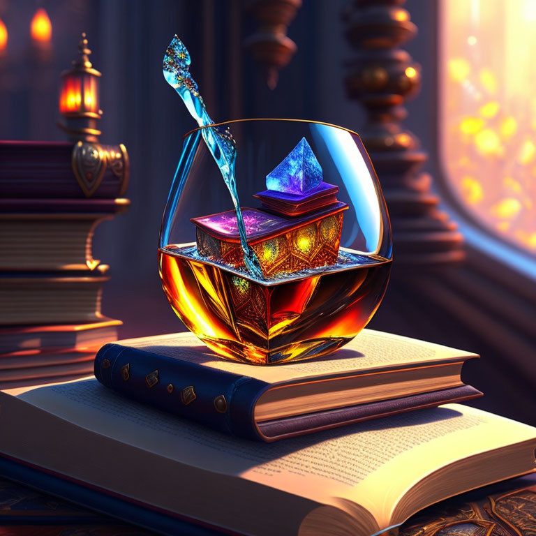 Whimsical image of glowing geometric ice cubes on a glass of amber liquid on an ornate book